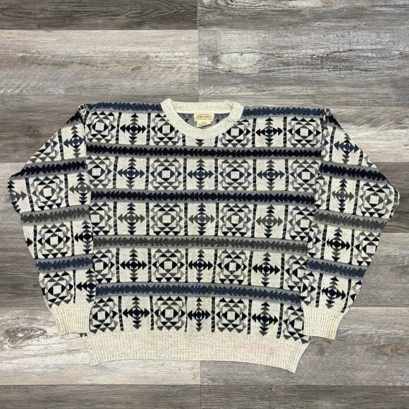 Vintage 90s St John's Bay Gray Blue Mens XL Geometric Chunky‎ Patterned Sweater - Picture 2 of 8